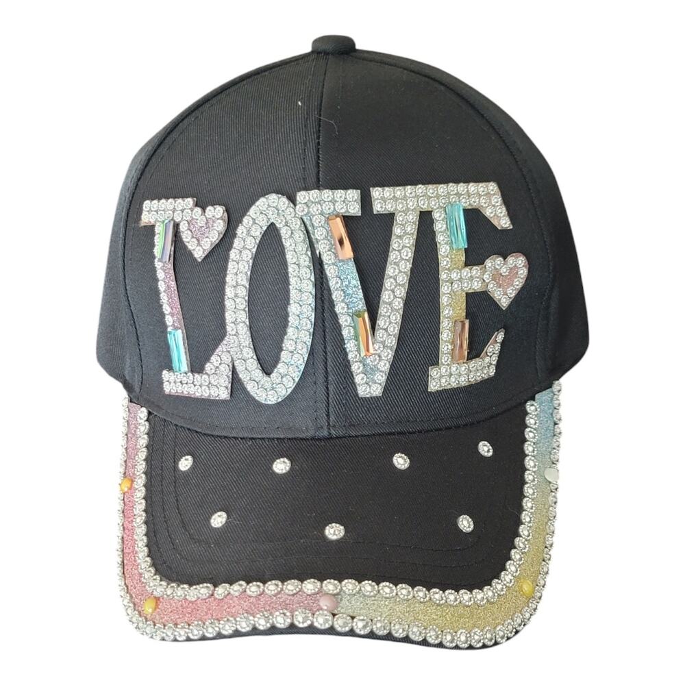 LOVE Baseball Cap with‎ Rhinestone Embellishments Adjustable Strap Back Black